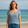 Camiseta cuadrada de manga corta transfronteriza para mujer, nuevo estilo básico casual simple, camiseta cuadrada de color liso estampada