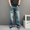 Jeans largos desconstruídos de alta resistência com estilo de rua retrô e nostálgico para homens, calças largas retas folgadas, novo modelo 26