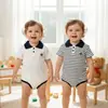 Estilo Coreano Verão Meninos Fino e Confortável Macacão Bebê Bebê Listrado de Lapela Roupa de Rastejar ao Ar Livre Manga Curta