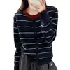Elegante cárdigan de punto a rayas color-block retro para mujer, nueva colección otoño/invierno 2026, suéter moderno que rejuvenece