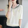 Camiseta Blanca de Manga Corta con Cuello Marino para Mujer, Nuevo Estilo Verano 2026, Elegante y Adelgazante, Top de Punto Versátil