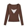 Camiseta de Manga Larga Falsa de Dos Piezas con Cuello en V para Mujer a Principios de Otoño con Empalme de Color Contrastante Camisa de Capas Internas Top Corto Ajustado Sexy