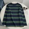 Camiseta de Manga Larga con Rayas Anchas de Color Contrastante, Cuello Redondo, Estilo Holgado Retro de Principios de Otoño 2026 para Mujer, Top Casual Holgado