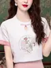 Camiseta bordada de estilo nacional de manga corta para mujer, Blusa chic abotonada de nuevo estilo chino, Nuevo estilo de verano, Top de algodón puro elegante y rejuvenecedor