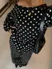 2026 Conjunto Casual Feminino Europeu e Americano Transfronteiriço Estampa de Bolinhas Ombro a Ombro Gola Assimétrica Manga Longa Bolso Cordão Calça Longa