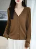 Casaco suéter fino de tricô fino, cor sólida, versátil, casual solto, manga dobrada, gola V, feminino, lã, solúvel em água