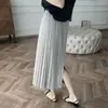 Saia feminina plissada de comprimento médio, estilo francês, cintura alta, modelagem solta, emagrecedora, com fenda, novidade verão 2026