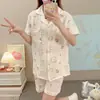 Pijama de Algodão Bolha Novo Estilo Cardigã Feminino Verão Calça Manga Curta Estilo Popular do Instagram Tecido Amassado Conjunto Estudante Roupas de Casa
