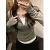 Blusa de Manga Longa com Meio Zíper Estilo Coreano Falsa de Duas Peças para Mulheres Patchwork Franzido Lateral Emagrecedor Decote V Ajustada