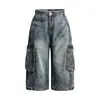 Jeans de Trabalho Cropped Lavado com Efeito Desgastado Estilo Retrô Americano para Homens e Mulheres, Calças Cropped de Cintura Média de Perna Larga com Vários Bolsos, Calças Cropped de Cintura Média Estilo High Street