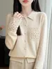 Cardigã 100% lã com gola polo e mangas de crochê, design vazado, caimento solto, emagrecimento, adequado para o trabalho, peça de tricô externa para mulheres