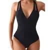 2025 nuevo europeo y americano comercio exterior transfronterizo color sólido encaje arrugado con cordones sexy cintura alta traje de baño bikini de una pieza traje de baño mujer