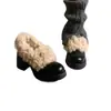 Versión de Piel de Vaca~ Zapatos Retro Slip-On de Tacón Alto Grueso y Peludos para Mujer, con Forro Polar Añadido para Calidez y Comodidad, Zapatos de Piel con Punta Redonda