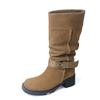 Botas Western de Cowboy Vintage com Salto Grosso, Modelo Outono/Inverno 2026, Bico Redondo, Fivela de Cinto, Botas de Cano Alto em Camurça