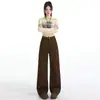 Jeans de pierna recta, color café, de una sola pierna, para mujer, corte holgado, estilo retro, tiro alto, efecto adelgazante, jeans de largo hasta el suelo, pantalones de pierna ancha, disponibles para envío directo
