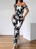 Vestido Largo de Moda Nuevo Europeo y Americano Transfronterizo de Amazon con Estampado Floral, Volante en un Hombro, Diseño que Ceñe la Cintura y Tirantes Ajustables