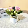 Tres Rosas de Helado con Lazos de Cuerda de Cáñamo, Estilo Nórdico Decoración Pequeña en Maceta de Flor Artificial y Planta Verde para Escritorio del Hogar