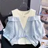 Camisa Suelta Elegante para Niñas 2026 Nuevo Modelo para Niños Mayores, Camiseta Elegante de Hombros Descubiertos, Camiseta Falsa de Dos Piezas
