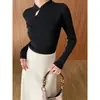 Novo Estilo Chinês 2024 Suéter Feminino Outono Novo Vermelho Slim-Fit Elegante Manga Longa Botão de Pressão Malha Base