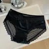 Calcinha de renda acetinada estilo francês para mulheres 2025 nova sexy de tule transparente cintura média forro de algodão macia fina confortável
