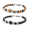 Pulseira Cruzada Europeia e Americana de Pedra Olho de Tigre e Ágata Preta para Homens e Mulheres, Estilo Casal, Fecho Ajustável de Aço Inoxidável, Joia de Cristal Natural