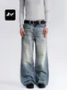 Jeans retro americanos de bigotes de gato para hombre y mujer, con un diseño lavado, desgastado y descolorido, de pierna recta, pierna ancha, estilo casual