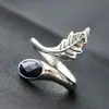 Nafoge Joyería de Plata al por Mayor Hecho a Mano Anillo de Plata de Ley Incrustado con Piedra de Arena Púrpura Anillo de Plata Tailandesa Anillo Abierto para Dedo con Hoja