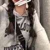 Moletom Cinza com Capuz Feminino Outono e Inverno Forrado com Fleece Engrossado Pequeno Estilo Americano Retrô Preguiçoso Chique Casaco de Casal Top