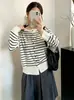 Camisa rayada adelgazante para mujer de talla grande, top de cuello redondo para mujer, estilo otoño 2026, suéter de punto holgado versátil para mujeres de talla grande