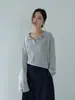 [Oufan] Tejido de punto con trenzado de lino Tencel, cuello de gaviota, top de manga larga nuevo de verano para mujer 11205