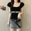 Recomendado para Colección Personal~ Camiseta de Manga Corta con Cuello Cuadrado de Encaje y Lunares Dulces para Mujer, Nuevo Estilo de Verano, Hermoso Top Ajustado