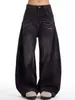 Jeans preto com design retrô americano de orelhas de gato para homens e mulheres, estiloso e desgastado, calças largas casuais de alta costura