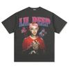 Camiseta de manga curta estampada hip-hop lil peep high street, vintage, lavada, algodão pesado, gola redonda, suéter com capuz