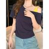 Tiro Real # Camiseta Gris de Manga Corta Falsa de Dos Piezas con Hombro Descubierto para Mujer Otoño 2025 Nuevo Estilo Cintura Plisada Hombros Descubiertos
