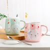 Caneca de cerâmica xícara de café com colher de aço inoxidável relevo tridimensional coelho dos desenhos animados copo de café da manhã impressão de copo de presente