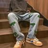 Pantalones de calle de estilo nacional con estilo, marca de moda para hombre, vaqueros vintage lavados con bordados y diseño de pantalones rectos con caída.