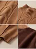 Suéter de punto de cable estilo comercio exterior vintage con cuello semi-alto en color camel con detalles en marrón oscuro, suave y holgado, suéter versátil para mujer