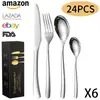 Juego de Cubiertos de Acero Inoxidable Amazon Moonlight Transfronterizo, Cuchillo, Tenedor y Cuchara, Set de 24 Piezas para 6 Personas, Cuchillo y Tenedor de Acero Inoxidable para Steak de Hotel