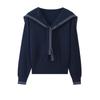 Tricô de Manga Longa com Gola Listrada Azul-Marinho Estilo College para Mulheres Início do Outono Estilo Coreano Roupa para o Trabalho Top Solto
