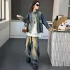 Conjunto de Mezclilla para Niñas 2026 Nueva Ropa de Primavera y Otoño para Niños Chaqueta con Pantalones de Pierna Ancha Curvados y Conjunto de Tres Piezas Estilo Vintage