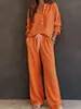 2026 Novo Moda Feminina Europeia e Americana Transfronteiriça Estilo Casual Preguiçoso Retrô Conjunto de Camisa de Manga Longa e Calça Cor Sólida Waffle para Mulheres