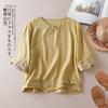 Blusa Artística Retro Bordada Estilo Chino, Étnica China Algodón y Lino Solapa Diagonal, Nueva Camisa Holgada de Verano Tres Cuartos con Botones