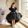 Vestido de noite longo com cauda para menina, mangas bufantes com rosa 3D, barra larga, saia fofa, aniversário de menina, apresentação de piano, atacado