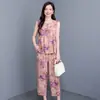 Conjunto de pijama y ropa de casa de algodón y seda con estampado floral de verano para mujeres de mediana edad y mayores, top sin mangas, elegante conjunto de dos piezas para usar como outerwear