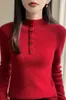 Novo suéter de malha veludo Andy feminino para outono e inverno com gola alta discreta, design meio aberto abotoado, espessado e com toque de alta qualidade, como uma blusa base.