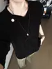 Sudadera de Punto Negra para Hombre, Primavera y Otoño, Estilo Americano, Chic Perezoso, Sensación de Lujo, Estilo Old Money, Hombro Normal, Camiseta de Manga Larga