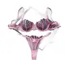 2026 Nuevo Conjunto de Lencería de Malla Bordada en Forma de Abanico Sexy Transparente Sujetador Push-up y Tanga Conjunto de Dos Piezas