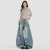 Calça Jeans Wide-Leg Ripped Scythe para Mulheres 2026 Novo Retrô Americano Cintura Alta Reta Solta Afinando Calças Scythe