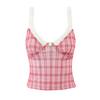 Conjunto de Duas Peças Feminino: Camisole Pequena Rosa Dopamina Xadrez com Costura V-neck e Shorts Sexy de Cintura Alta Slim-fit