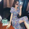 Vestido morado con mangas abullonadas para mujer, ropa de verano 2020, nuevo estilo, dobladillo dividido, estilo occidental, falda larga ajustada a la cintura con estampado floral